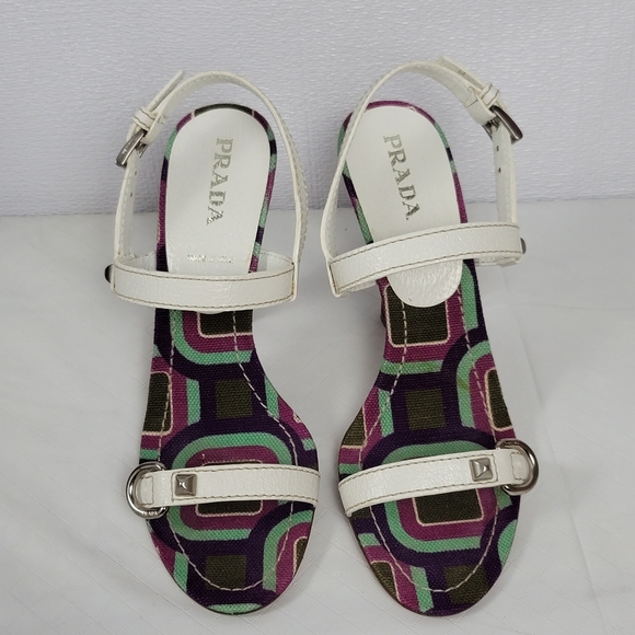 Prada Calzature Donna White Leather Cinghiale Viola Slingback Heel Sandals Sz 39 - Picture 11 of 12